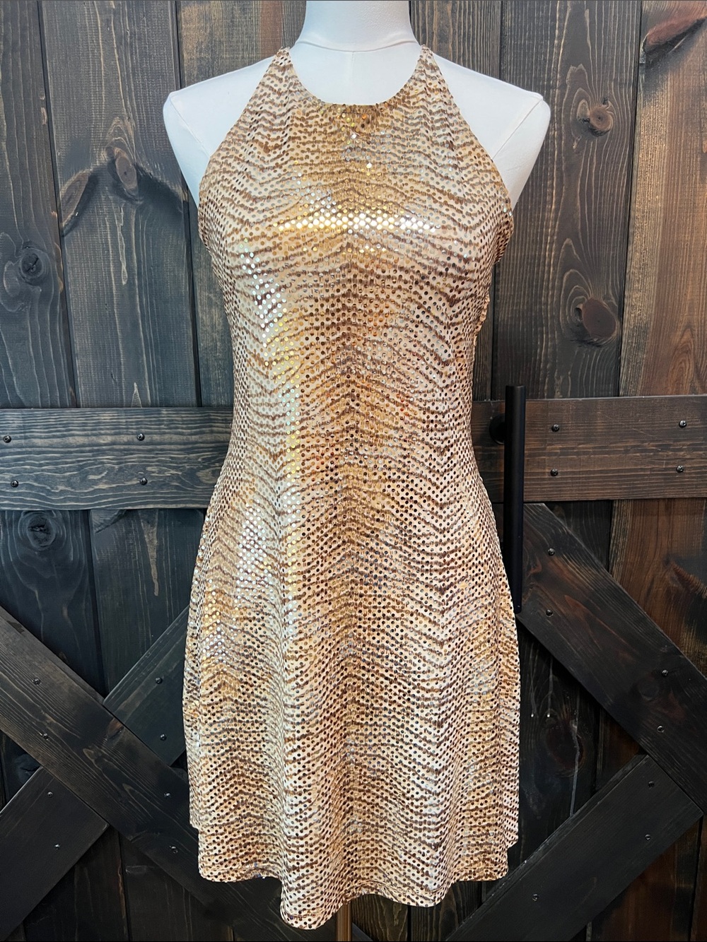 Vintage Style Gold Sequin Open Cross Back Mini Dress S Cocktail Party Y2K